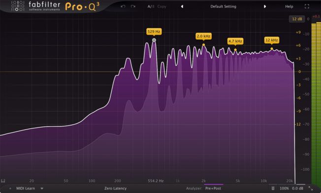 A computer screen shows a purple graph that says equalizer pro q