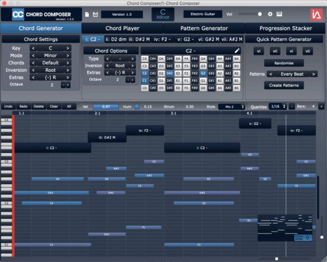 A computer screen shows a chord generator and a pattern generator