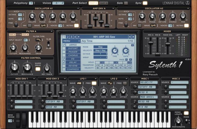 A keyboard with a screen that says sylenth 1