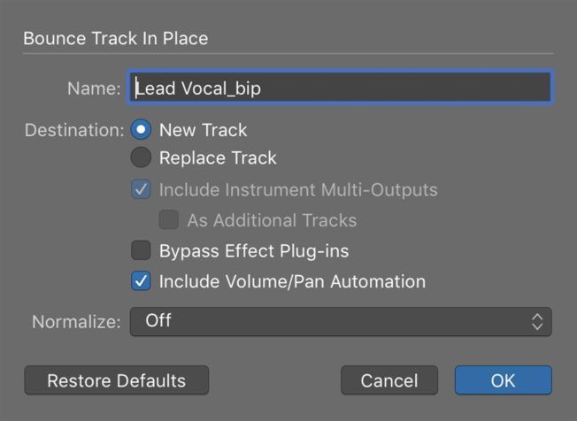 A screen shot of the bounce track in place window