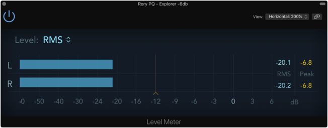 A computer screen shows the level of rms between l and r