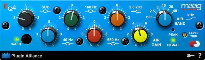 A blue device with a bunch of knobs on it