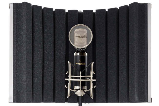 A microphone is sitting in front of a black foam shield
