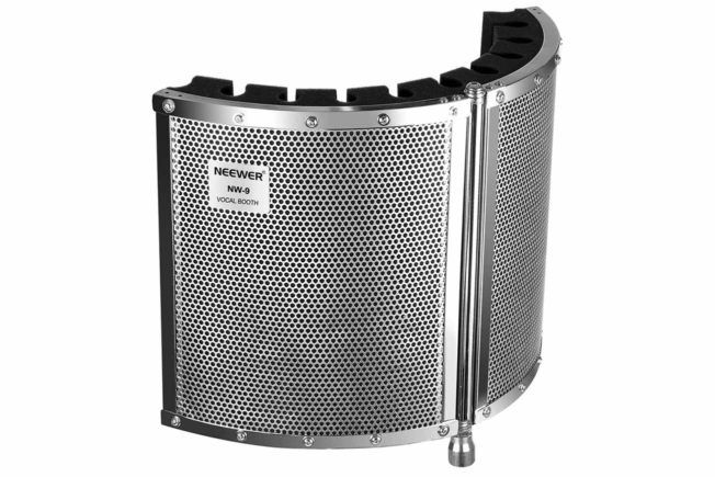 A stainless steel microphone shield is sitting on a white surface.
