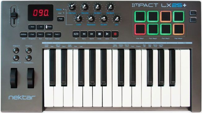 A keyboard with a digital display that says ' impact lx25 + ' on it