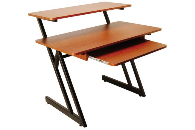 A wooden desk with two shelves and a keyboard tray