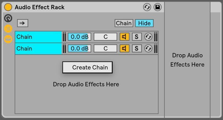 A screenshot of the audio effect rack with a create chain button