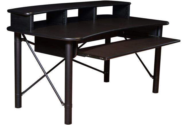 A black desk with a keyboard tray on it