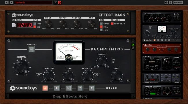 A soundtoys effect rack is displayed on a computer screen