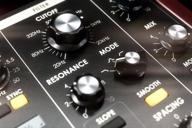 A close up of a mixer with buttons for resonance mode and slope