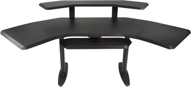 A black desk with three shelves and a keyboard tray on a white background.