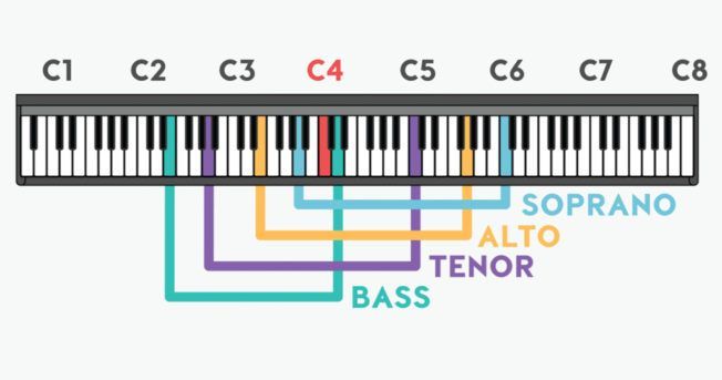 A diagram of a piano keyboard showing the different types of keys.