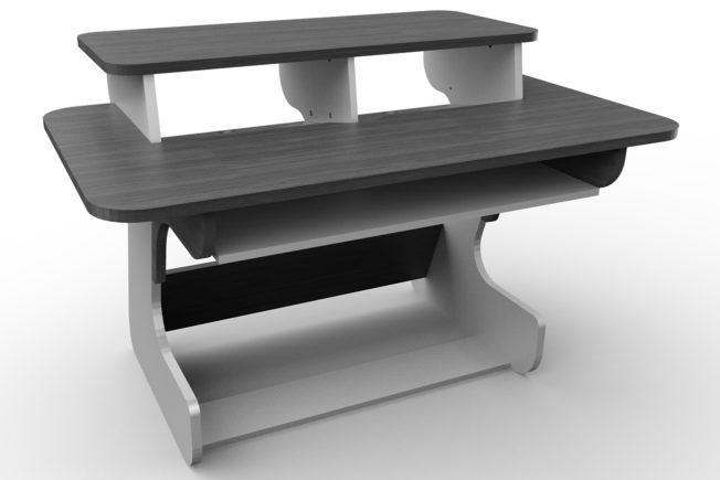 A black and white desk with a shelf underneath it