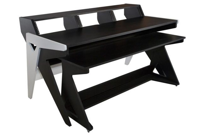A black and white desk with a shelf underneath it