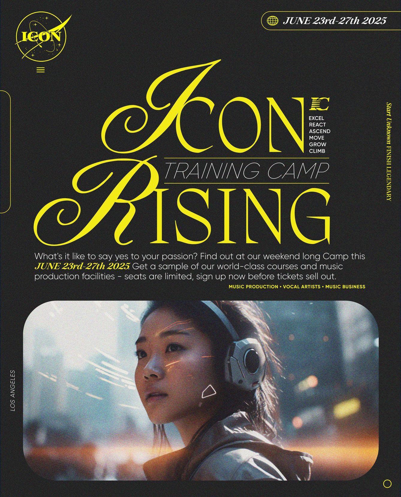 A poster for icon rising shows a woman wearing headphones