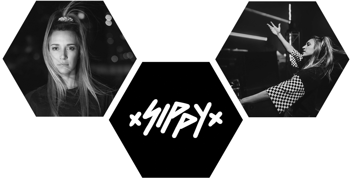 A black and white photo of a woman in a hexagon with the word hippy on it.