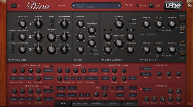 A computer screen shows a diva synth with a lot of buttons