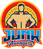 Junk Avengers logo with a stylized muscular figure in a red and blue circular emblem