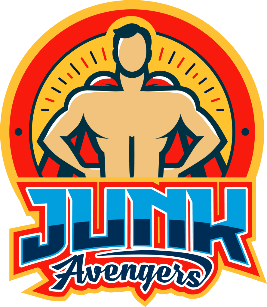 Junk Avengers logo with a stylized muscular figure in a red and blue circular emblem