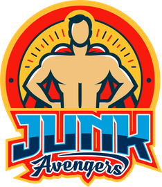 Junk Avengers logo with a stylized muscular figure in a red and blue circular emblem
