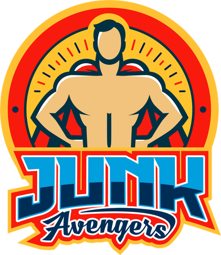 Junk Avengers logo with a stylized muscular figure in a red and blue circular emblem