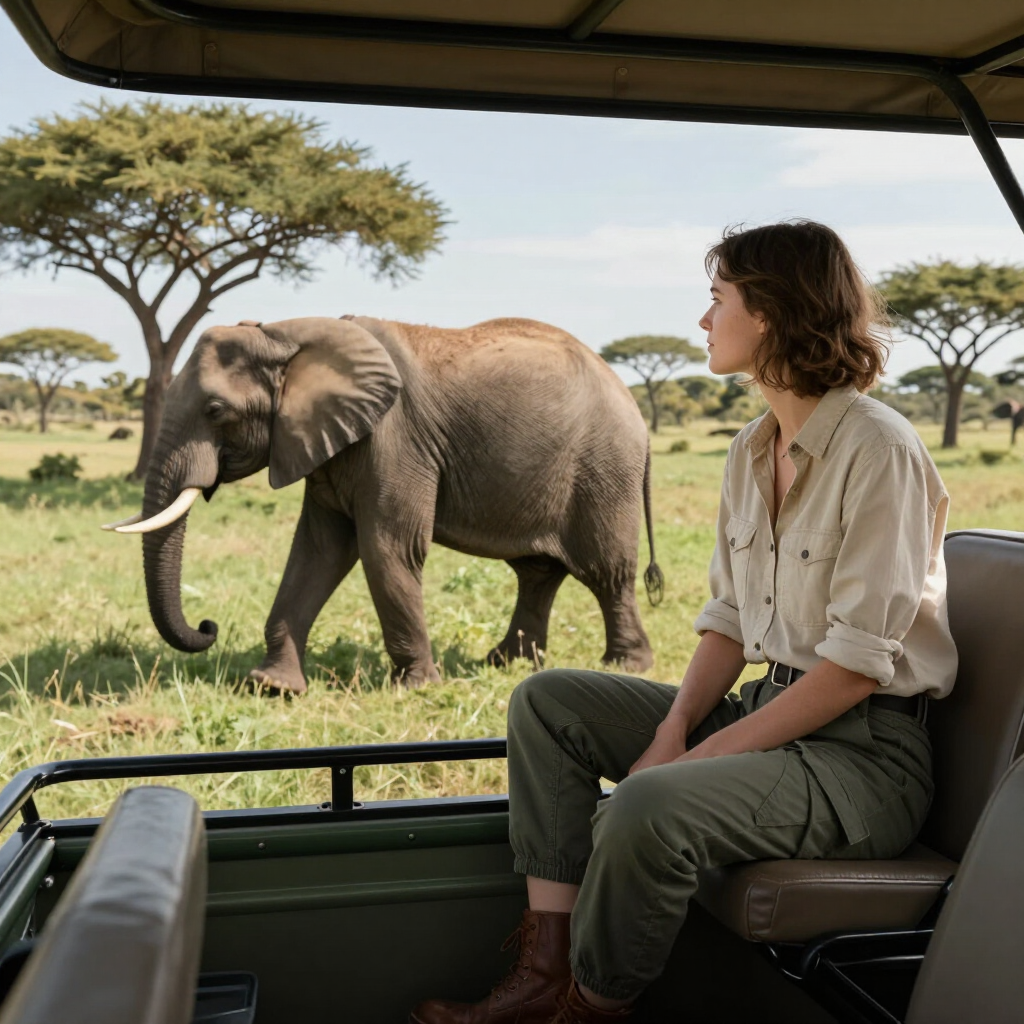 Elephant walking beside an open safari vehicle with a seated passenger in a grassy savanna.