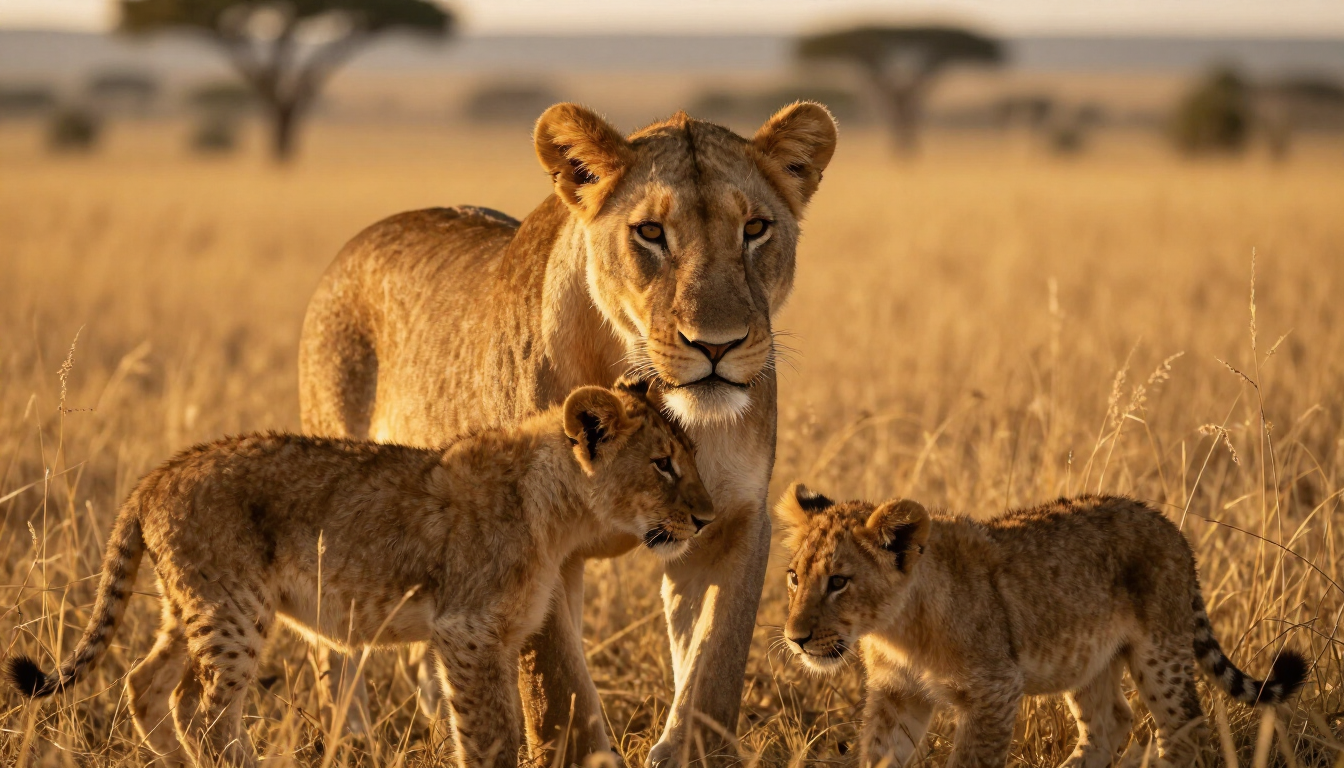 A majestic lioness with her cubs in the tall golden grass of the Maasai Mara