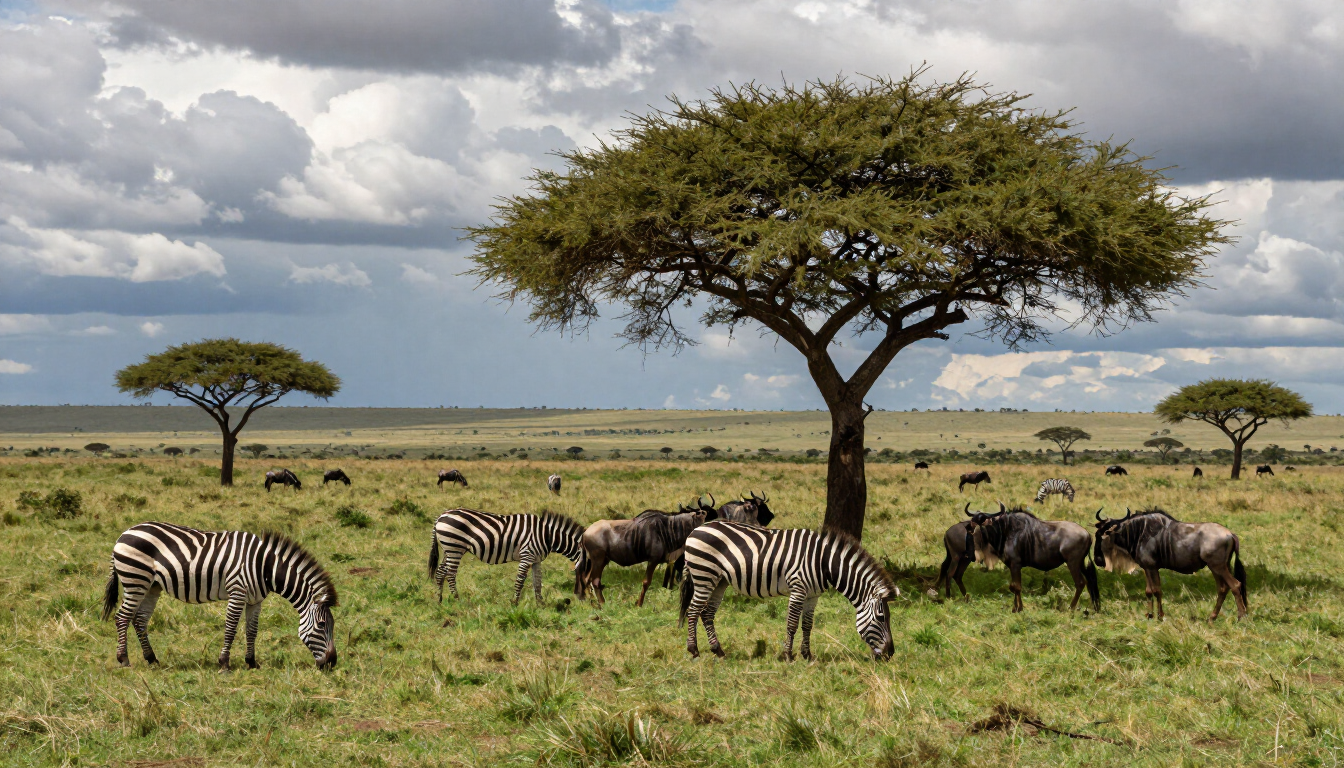A group of zebras and wildebeests grazing under an acacia tree in the vast Serengeti plains