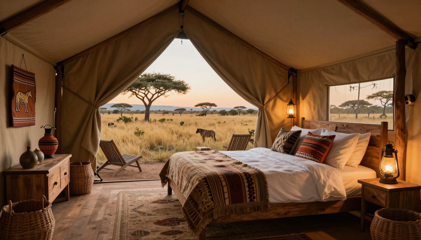 Interior of a luxury safari tent with a large comfortable bed and a view of the savanna