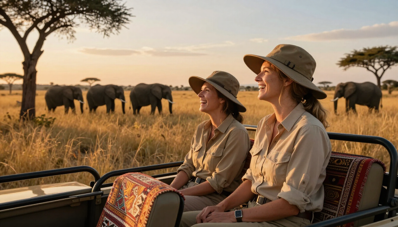 Mother and daughter enjoying a sunset safari in Africa.