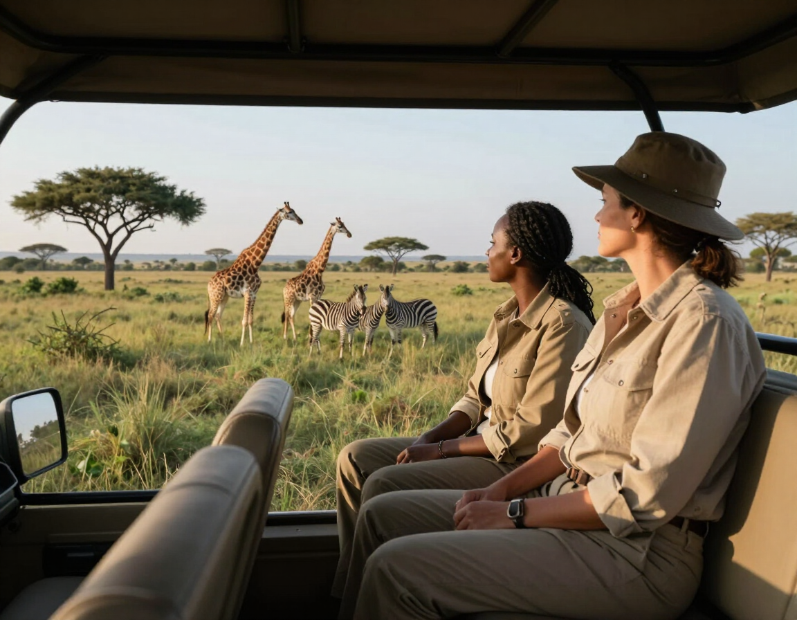 Photorealistic safari guide and solo woman traveller observing wildlife from a comfortable open vehicle