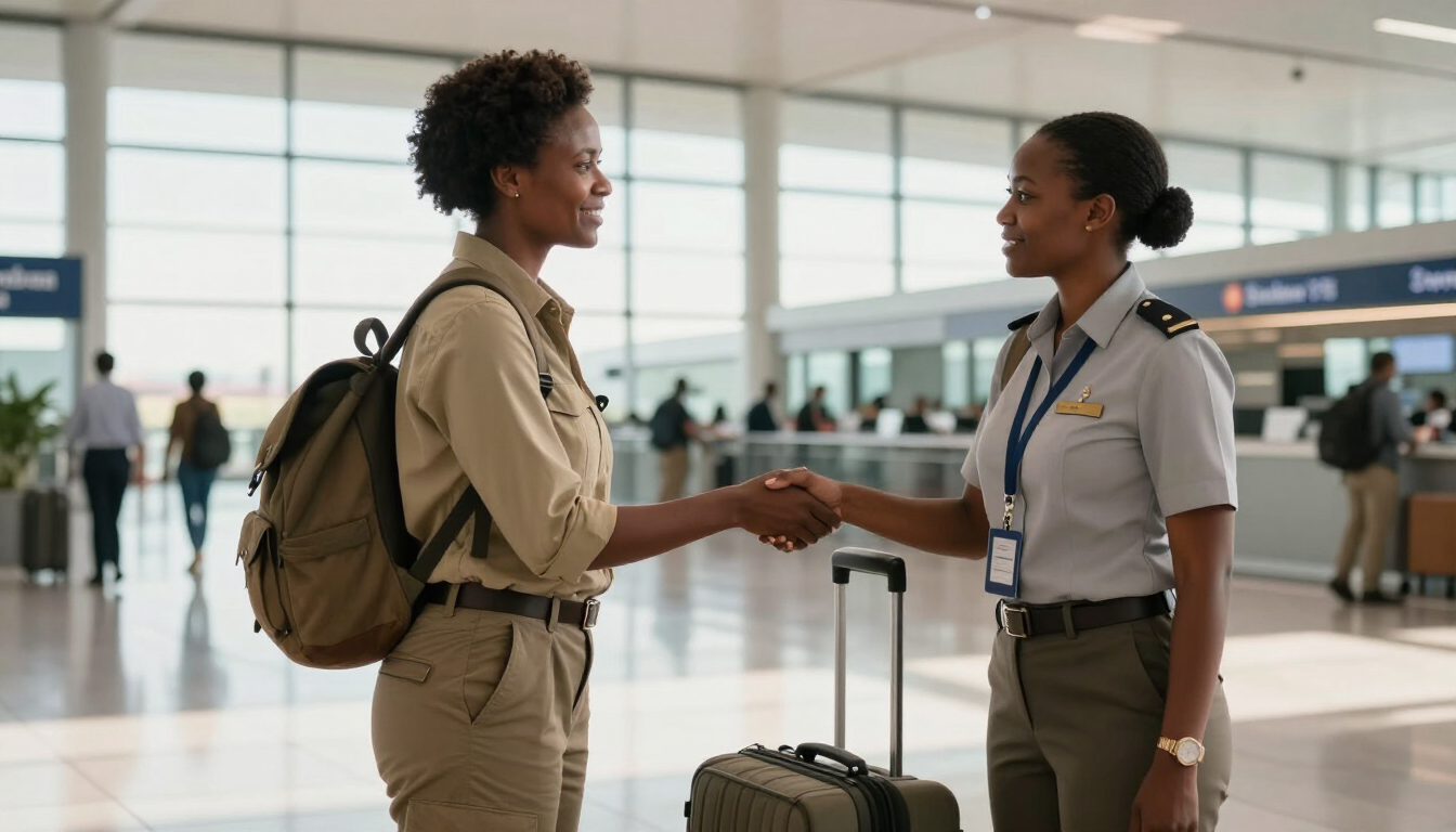 Two airport staff members shaking hands beside a luggage cart in a terminal