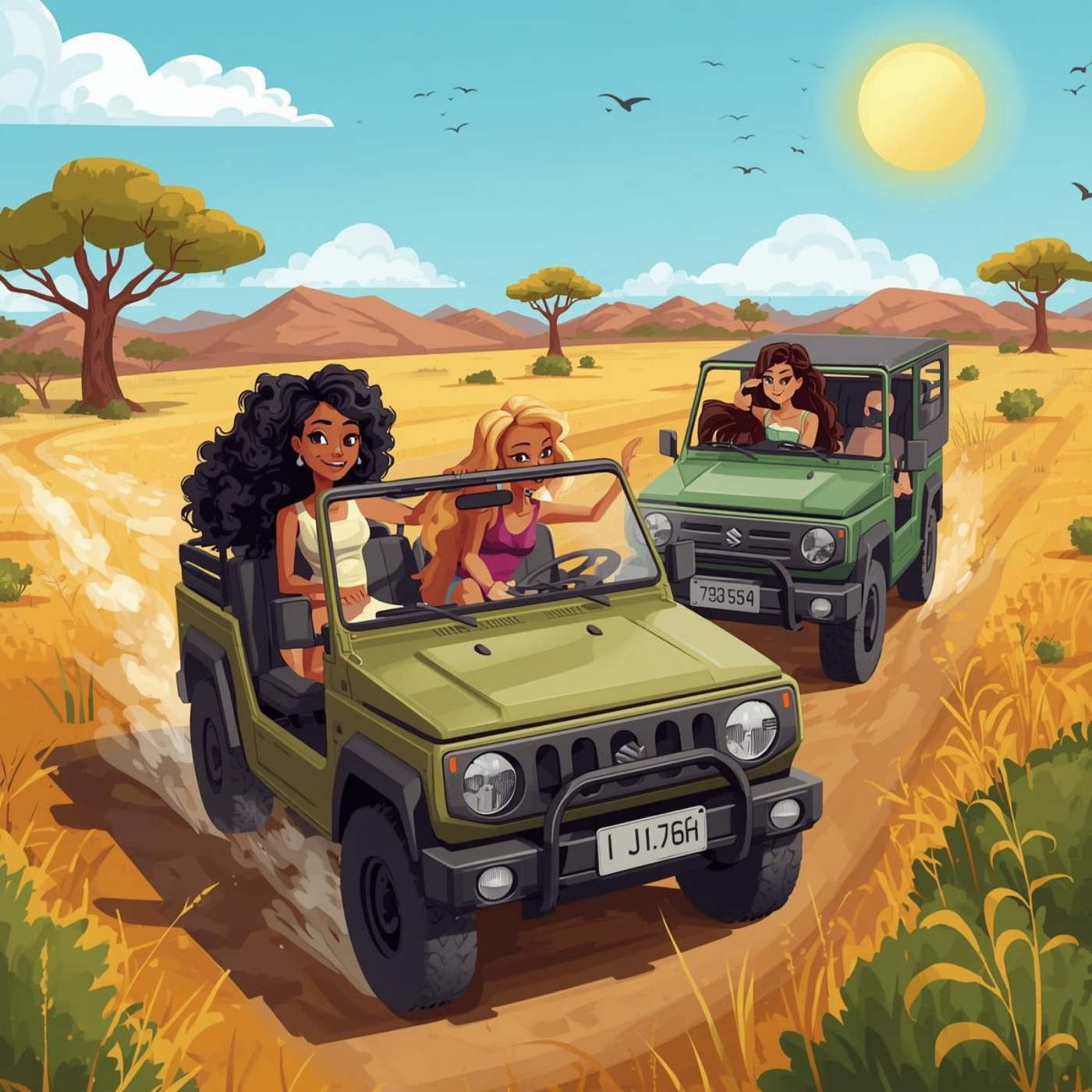 Two jeeps driving across a savanna. Three women smile as they explore the African landscape under a bright sun.