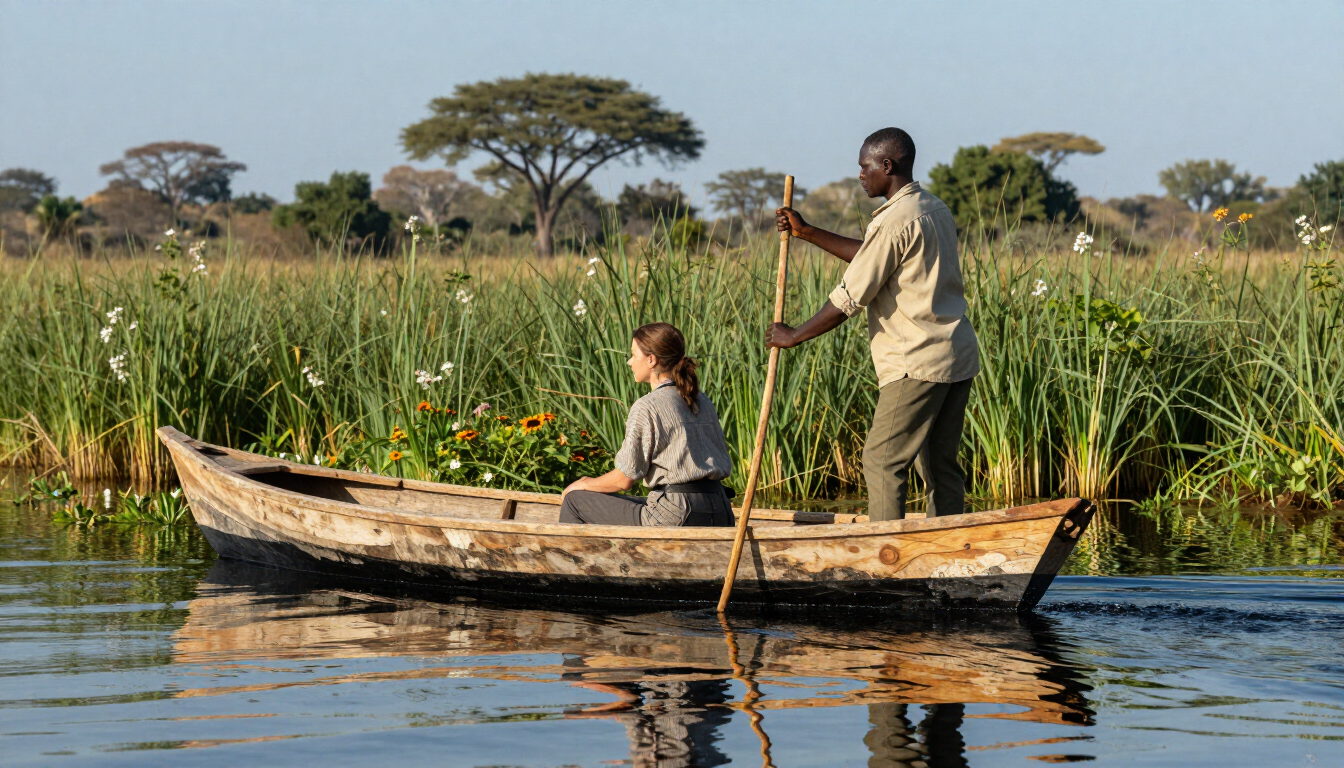Solo female traveler enjoying a sundowner in Botswana