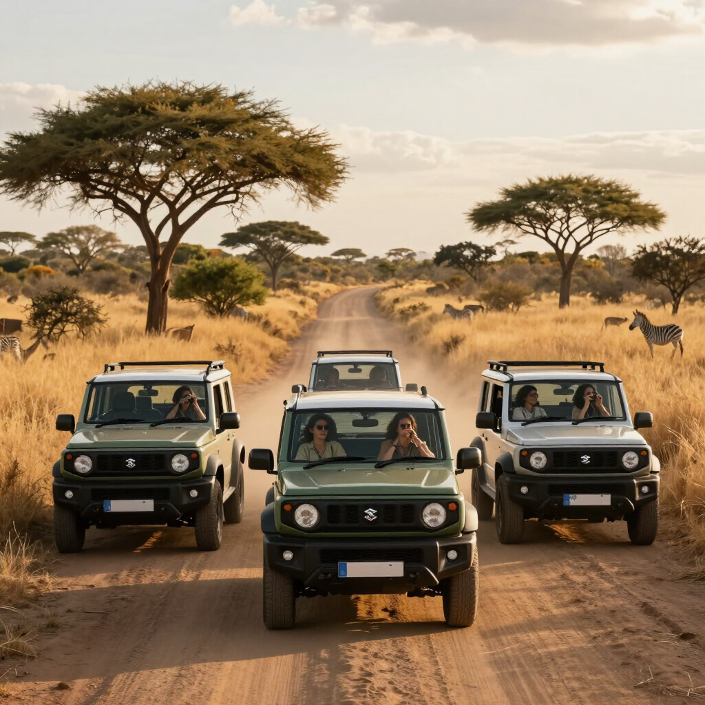 Four green SUVs drive in a dusty savannah, with people inside and acacia trees lining the road.
