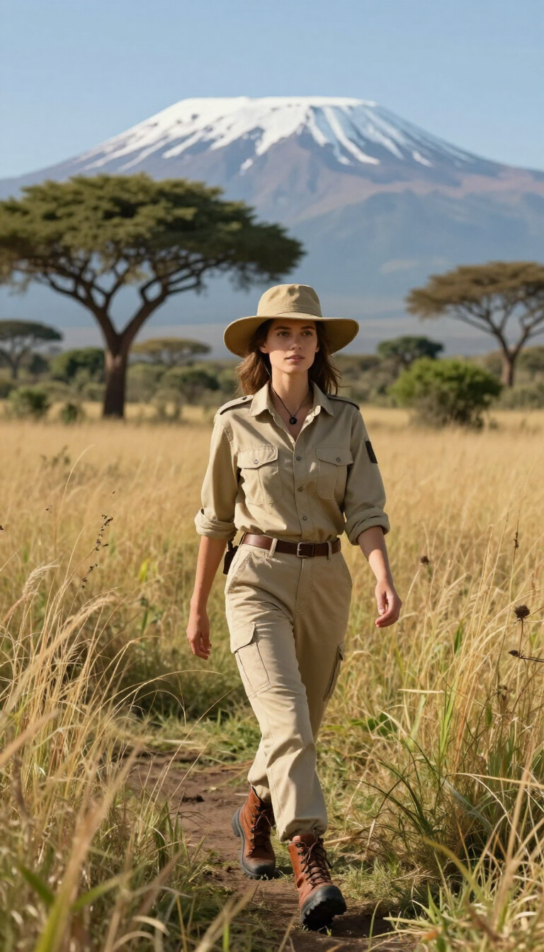 A safari guide walks through tall grass with Mount Kilimanjaro in the background.