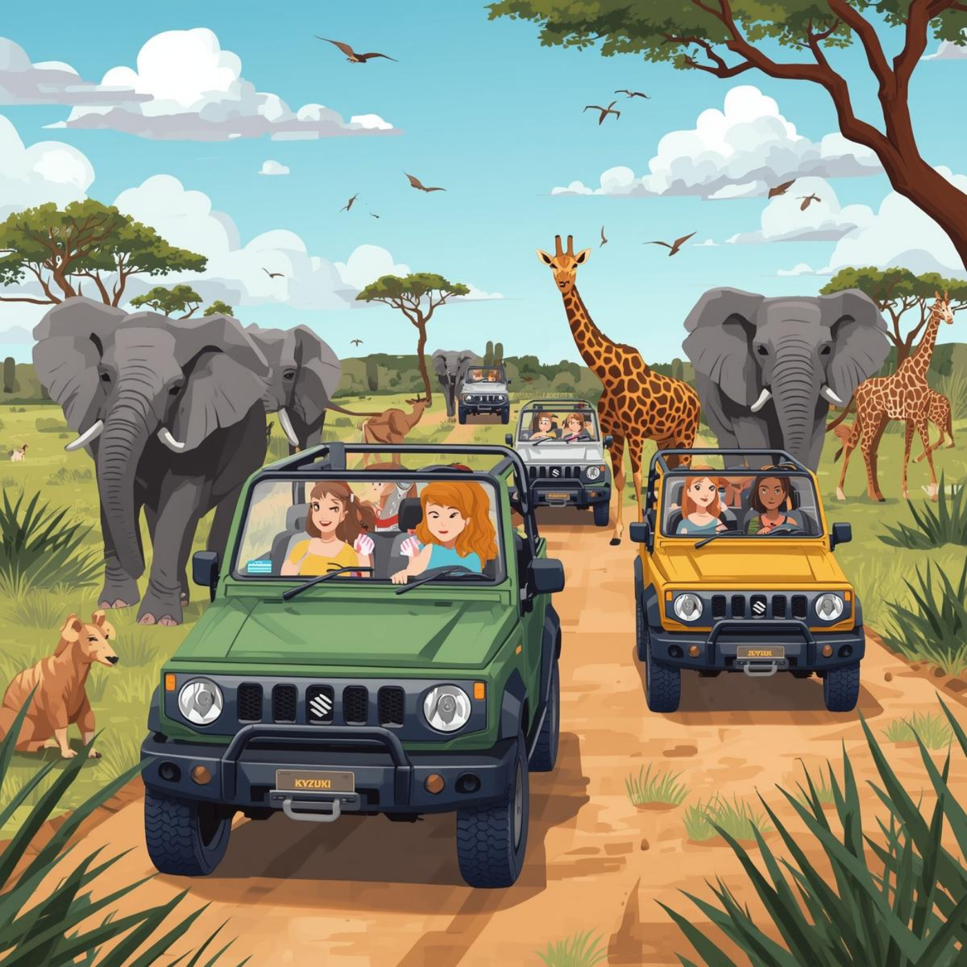 Safari jeep tour with tourists observing elephants, giraffes, and other wildlife in a savanna setting.
