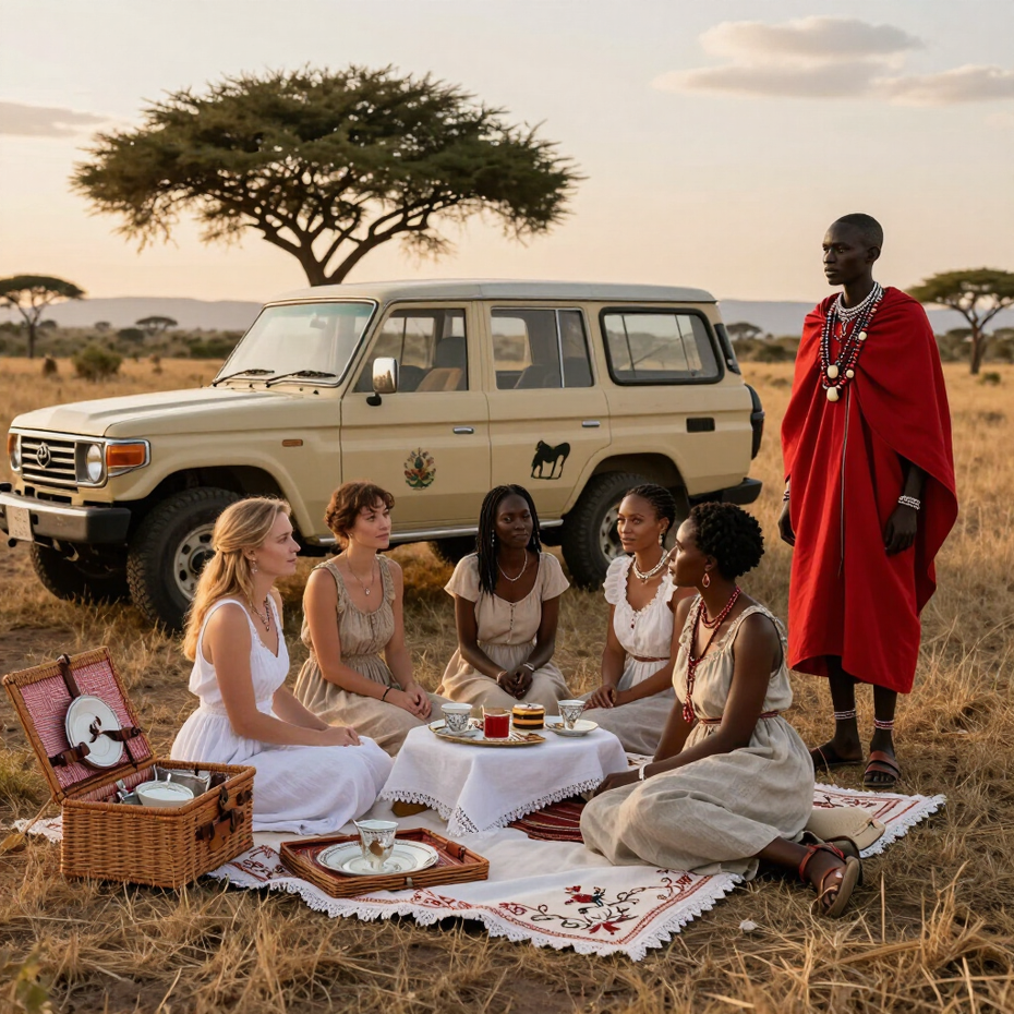 People having a picnic beside a beige safari jeep in a grassy savanna at sunset