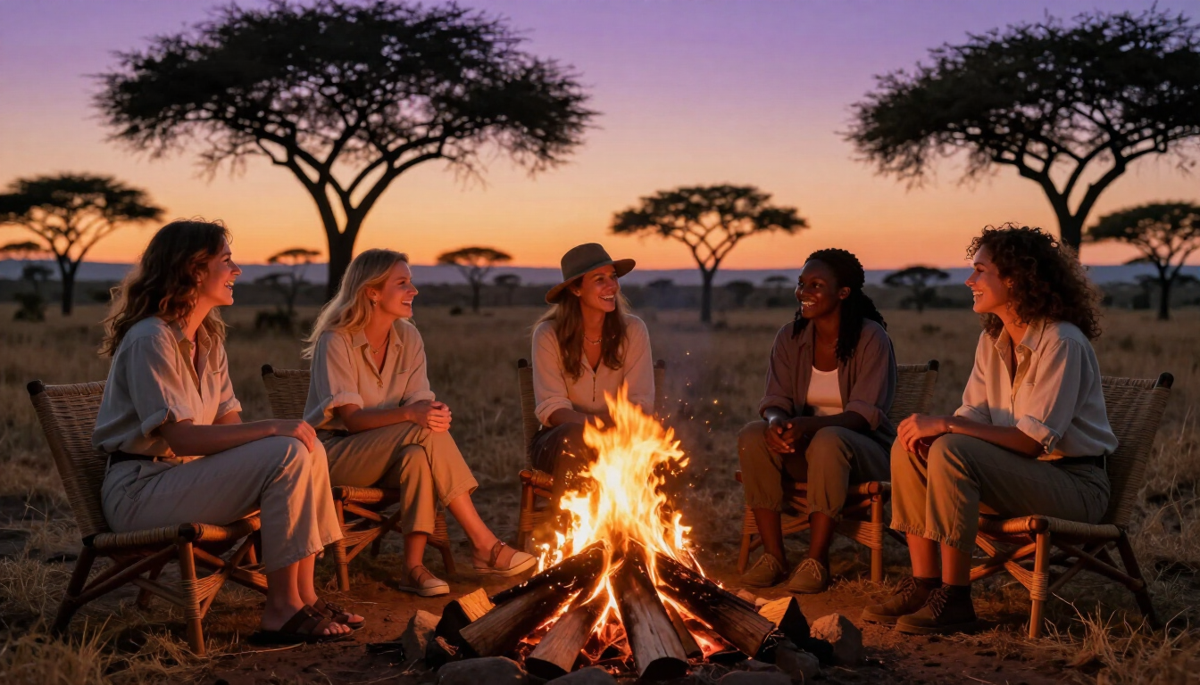 People sitting around a campfire at sunset in a grassy savanna with acacia trees.