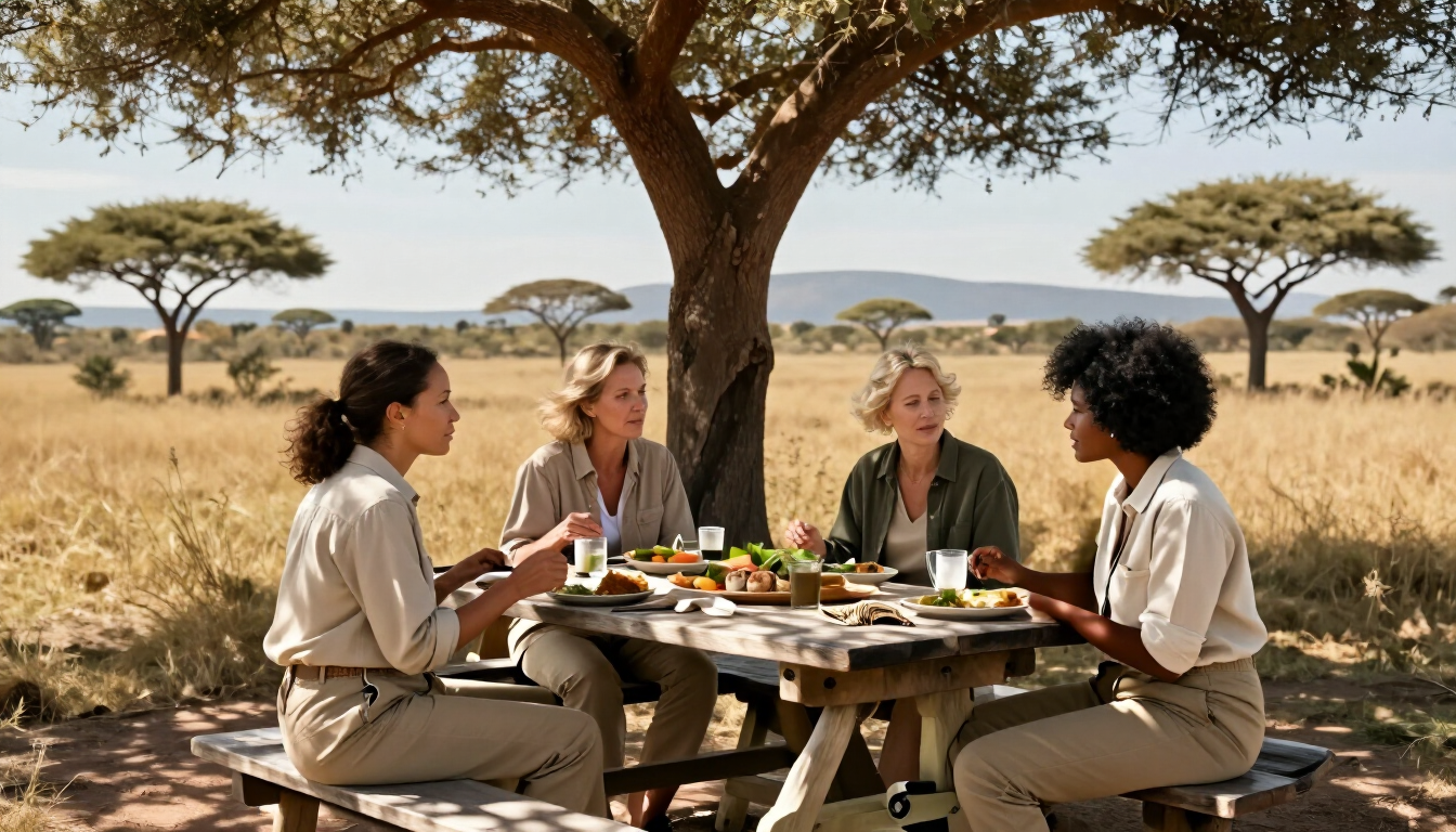 Four people share a meal at a picnic table under an acacia tree in a dry savanna.
