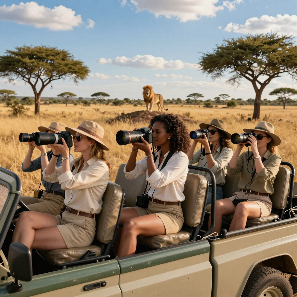Safari tourists photographing a lion from a jeep in the savanna, with acacia trees and blue sky.