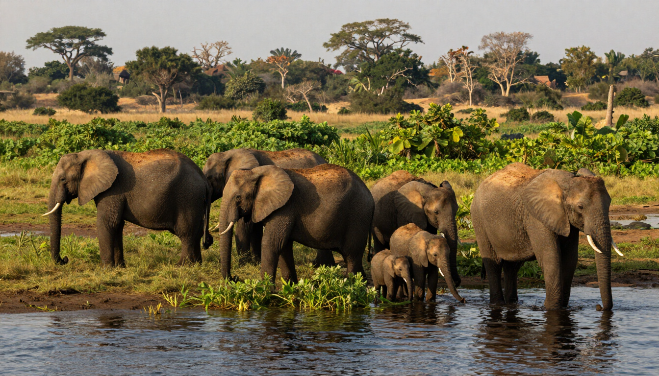 A herd of elephants crossing a river in Botswana