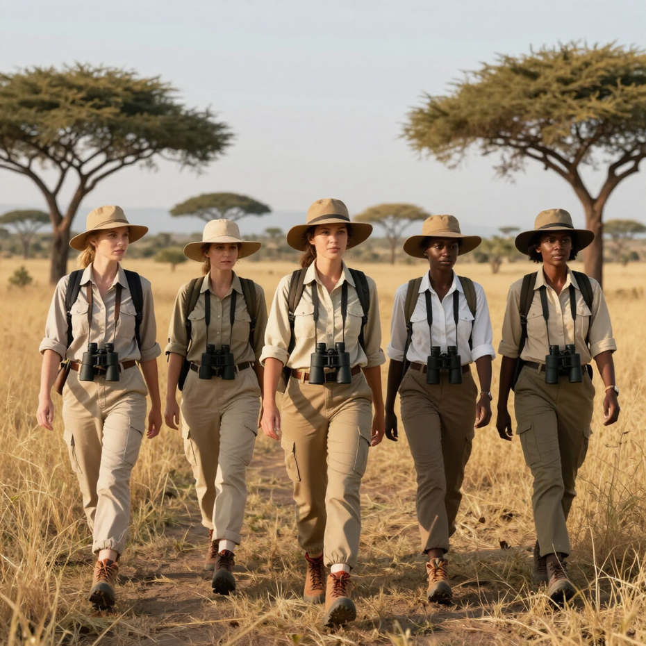 Five safari guides walking through dry grassland with backpacks and hats, trees in the background.