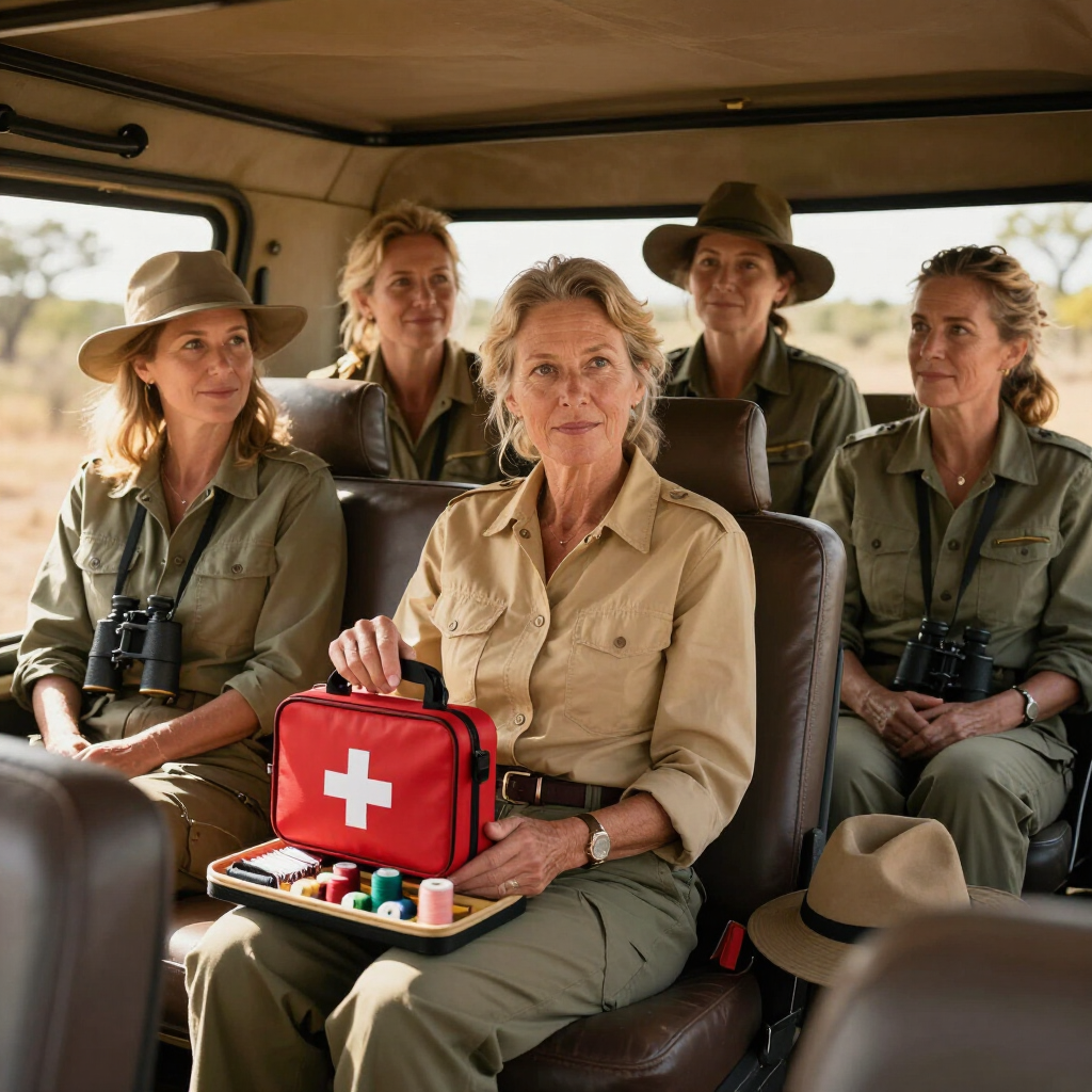 Five people in safari gear sit in a vehicle, with a red first aid kit in the foreground.