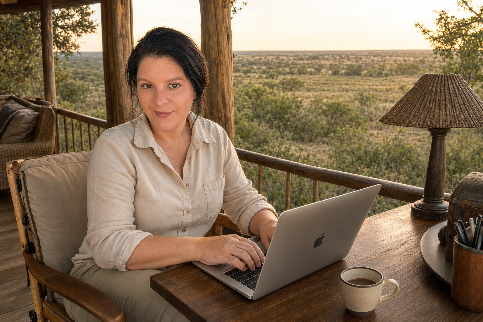 Person working on a laptop at a patio table with a sunset view beyond.