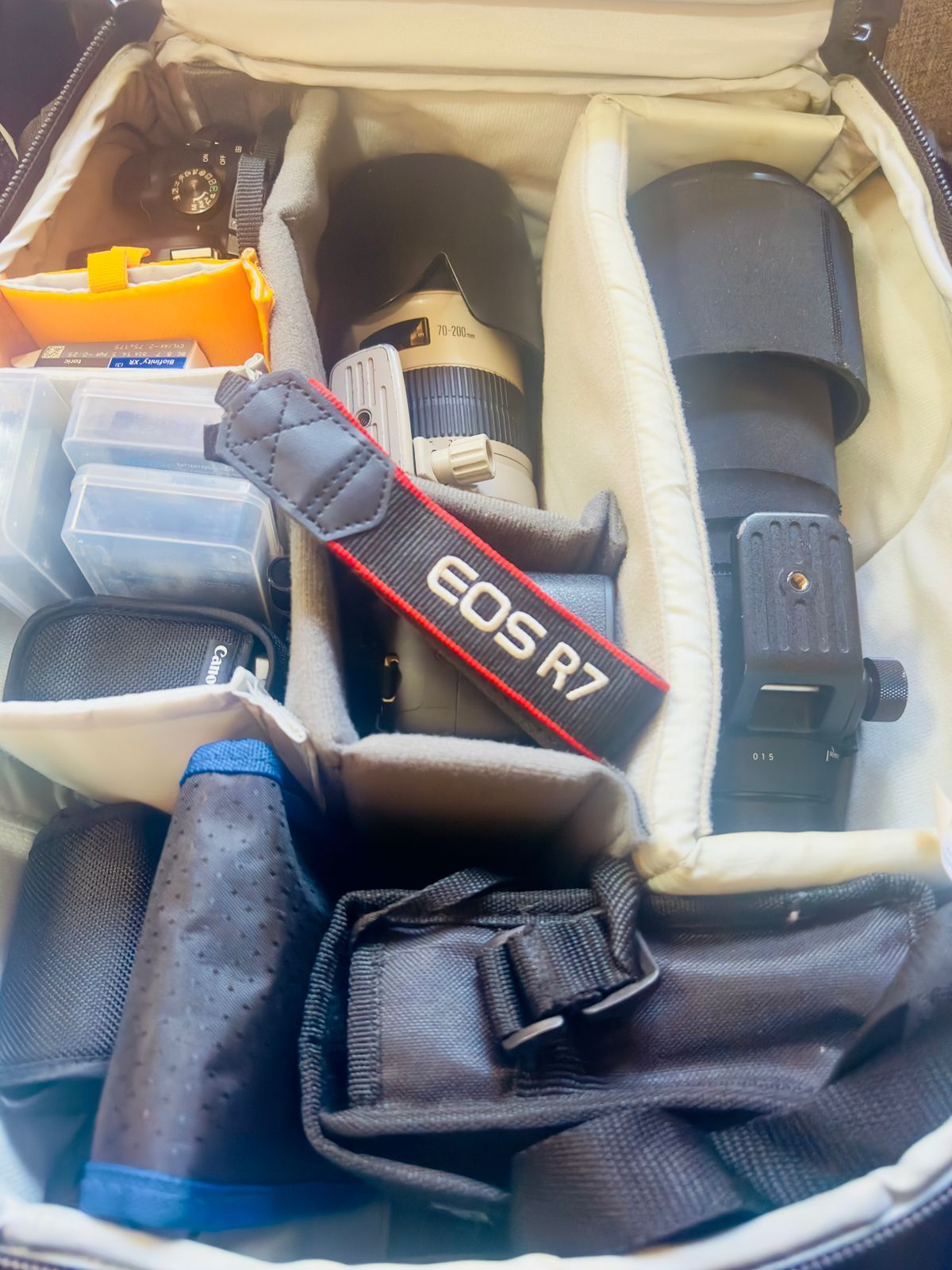 Camera gear organized in a padded case, with a Canon EOS R7 strap, lens, flashlight, and accessories