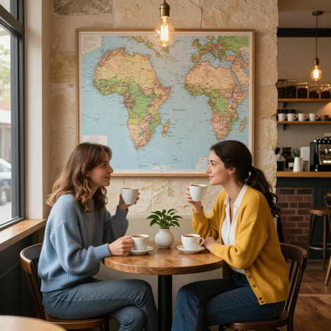 Two people chatting over coffee at a café with a large world map on the wall