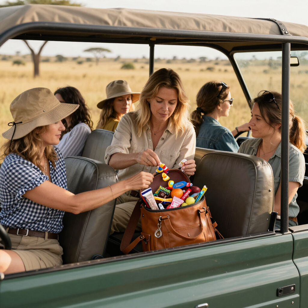 Safari passengers sharing snacks in an open-top vehicle on a savanna drive