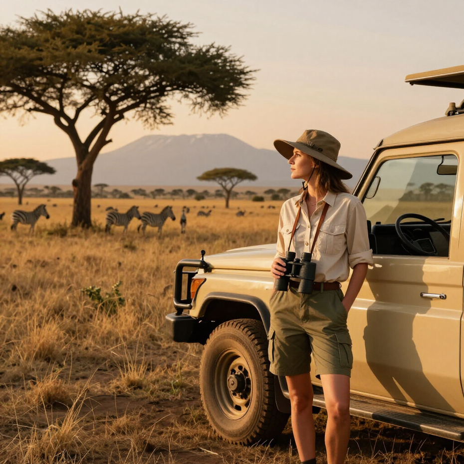 Traveler with binoculars leaning on a tan safari vehicle in a golden savanna at sunset, acacia trees and wildlife in distance