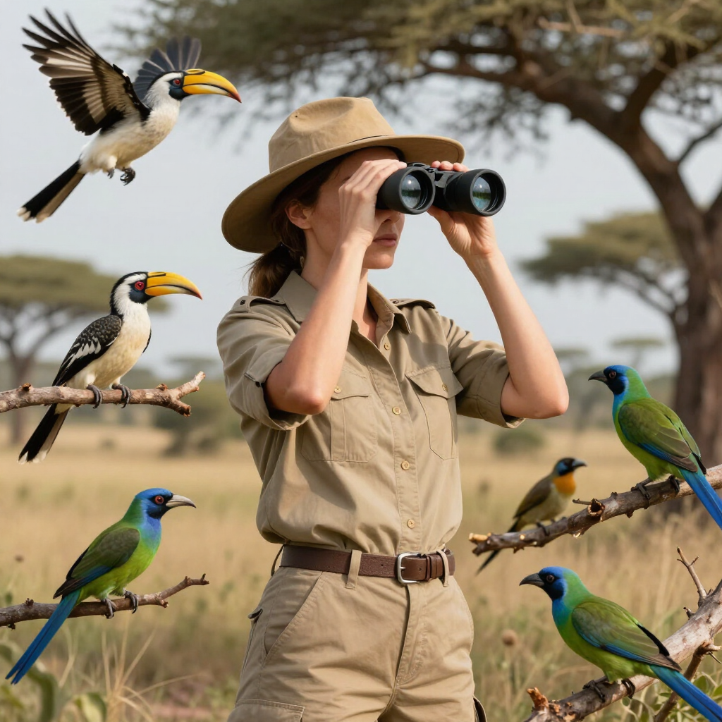 Birdwatcher in safari clothes using binoculars, surrounded by colorful birds in a grassy savanna.